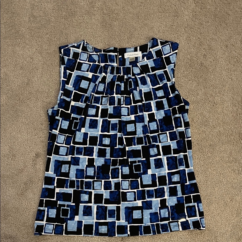 Calvin Klein Blue and Black Square Sleeveless Top- size Medium, EUC *like new*